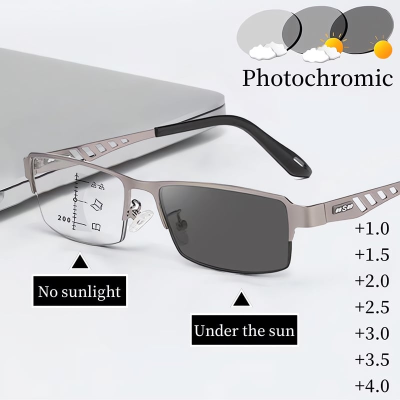 Stainess Steel Ultra - Light Multi - Focal Photochromic Reading Glasses
